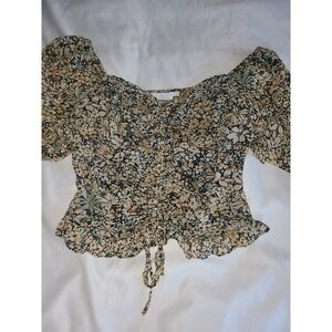 ASTR The Label Floral Puff Sleeve Smocked Back Crop Top Blouse Medium